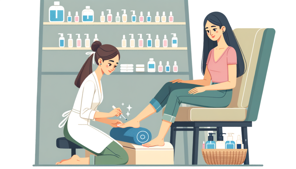 Pedikűrözés, lábápolás közben látunk egy nőt aki a kezelést adja és egy nőt aki a kezelést kapja