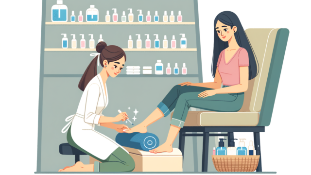 Pedikűrözés, lábápolás közben látunk egy nőt aki a kezelést adja és egy nőt aki a kezelést kapja